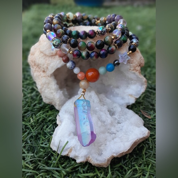 Artisan Hand Crafted Aura Quartz Crystal Planets in A Galaxy 🌈 Tigers Eye Mala 📿 - Picture 3 of 3